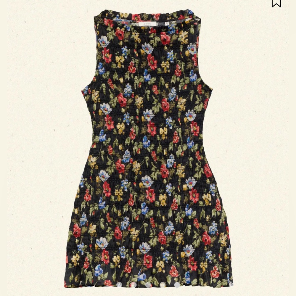 Doen Black Floral Smocked Mini Dress with Red, Blue & Yellow Blooms
